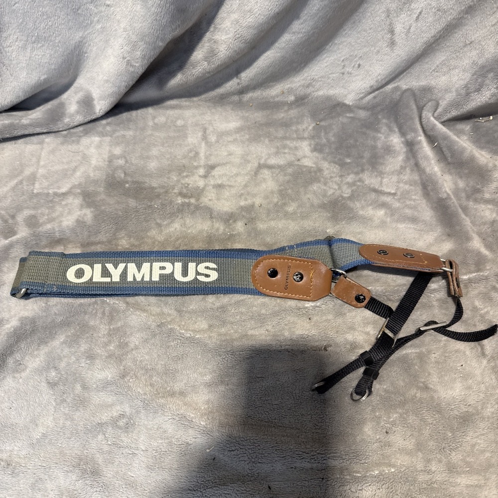 Vintage OLYMPUS Camera Neck Strap Grey Blue Brown Leather Tabs Adjustable 1970s